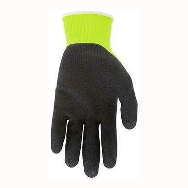 Introducing the MCR Safety NXG Hi-Vis Work Gloves 96731HV, available in a set of 12 pairs. Designed by MCR Safety, these gloves feature a striking combination of black and neon yellow with ribbed cuffs. Their palm side is shown facing up in the depiction. Made from textured material to enhance grip and safety, these high-dexterity gloves are ideal for use across various industrial applications.