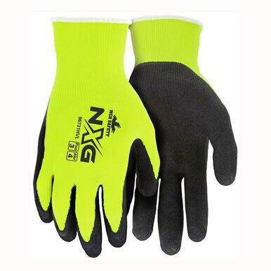 The MCR Safety NXG Hi-Vis Work Gloves 96731HV, available in a pack of 12 pairs, are bright yellow and black gloves designed for multi-industrial tasks. These gloves feature a textured grip and provide high dexterity, making them ideal for precision in industrial or construction work.