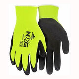 A pair of MCR Safety NXG Hi-Vis Work Gloves 96731HV in neon yellow with black palms and fingertips. The gloves display text and symbols on the back, including the brand "NXG" and safety certifications. These high-dexterity gloves provide a snug fit with wrist cuffs, making them ideal for multi-industrial tasks.