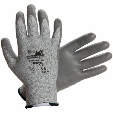 Introducing the MCR Memphis Dyneema Ultra-Tech Glove 9676, a pair of gray cut-resistant gloves designed with a Dyneema knit for superior durability. These gloves feature rubberized palms and fingers for optimal grip, while the back is adorned with black text and symbols, including the MCR Safety logo and relevant safety certifications. Ideal as safety gloves for a wide range of tasks.