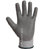 A MCR Safety glove from the Memphis Dyneema Ultra-Tech series, model 9676, is shown upright against a white background. The glove has a gray body with black fingertips and features the text "PK SAFETY 2012." This glove, known for its cut-resistant and durable properties, provides excellent hand protection for various tasks.