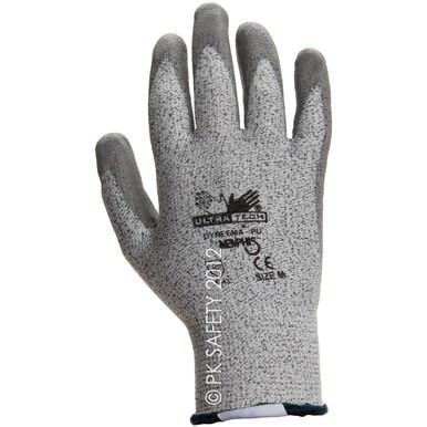 A detailed textured gray glove made with Dyneema knit for superior hand protection, featuring the text "MCR Memphis Dyneema Ultra-Tech Glove 9676" on the back by MCR Safety in size M.