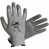 Introducing the MCR Safety Memphis Dyneema Ultra-Tech Gloves 9676: a pair of gray safety gloves equipped with a textured surface and printed text on the back. Crafted from Dyneema knit material, these gloves are designed with one facing palm up and the other palm down, delivering exceptional cut resistance for your work requirements.