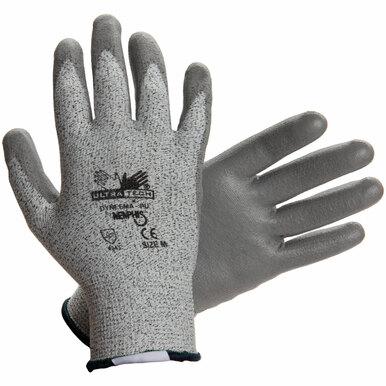 Introducing the MCR Safety Memphis Dyneema Ultra-Tech Gloves 9676: a pair of gray safety gloves equipped with a textured surface and printed text on the back. Crafted from Dyneema knit material, these gloves are designed with one facing palm up and the other palm down, delivering exceptional cut resistance for your work requirements.