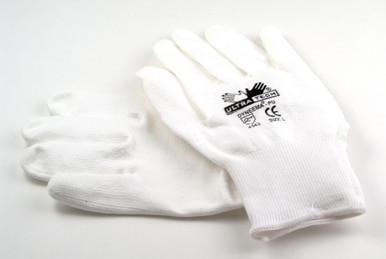 A pair of MCR Safety Memphis Ultra-Tech Dyneema Gloves 9677, known for their protective design, showcase black markings and text on one glove. They are displayed flat on a pristine white surface.