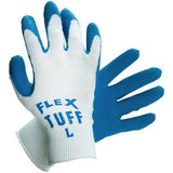 A pair of MCR Memphis Flex Tuff work gloves, model 9680, featuring string-knit construction with blue rubber-coated fingers and palms for enhanced grip. "Flex Tuff L" is printed in blue on the back of one glove, highlighting the durability and reliability provided by MCR Safety.