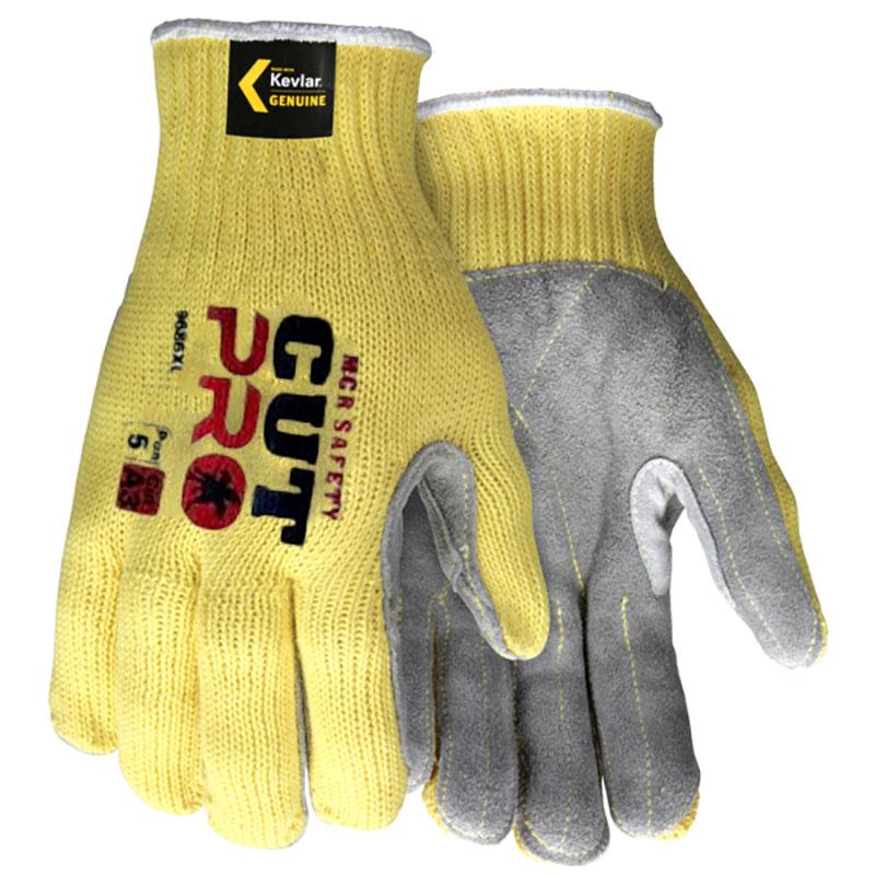 The MCR Memphis Grip Sharp Kevlar/Leather Palm Glove 9686, from MCR Safety, showcases "Cut Pro" branding with its yellow Kevlar construction and gray leather palms, emphasizing superior cut protection for enhanced safety.