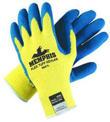 A pair of yellow and blue MCR Safety Flex Tuff Cut-Resistant Kevlar Gloves 9687, crafted for durability and cut protection. Featuring a textured grip for enhanced safety, these gloves are showcased against a plain white background.