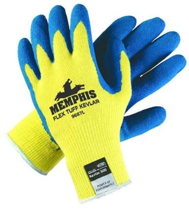 A pair of yellow and blue MCR Safety Flex Tuff Cut-Resistant Kevlar Gloves 9687, crafted for durability and cut protection. Featuring a textured grip for enhanced safety, these gloves are showcased against a plain white background.