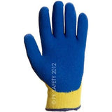 The MCR Safety Flex Tuff Cut-Resistant Kevlar Glove 9687 features a blue rubber-coated palm and fingers, complemented by a yellow fabric cuff. Designed for safety, this glove is cut resistant and has "RK SAFETY 2012" printed along the fingers.