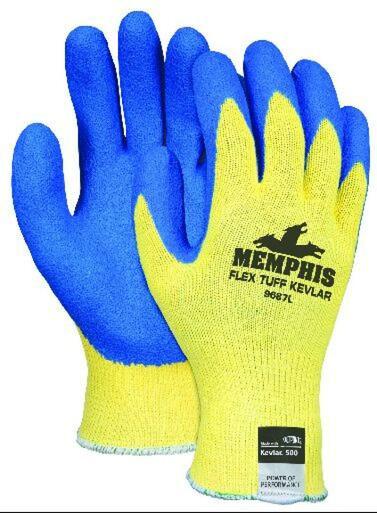 A pair of blue and yellow Kevlar work gloves is shown. These safety gloves feature a blue latex coating on the palm and fingers with a yellow knit material on the back. The text reads, "MCR Safety Flex Tuff Cut-Resistant Kevlar Glove 9687," highlighting their cut-resistant design.