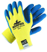 A pair of yellow and blue cut-resistant Kevlar gloves labeled "MCR Safety Flex Tuff 9687," designed with a thumb and finger design and a blue textured surface to enhance grip.