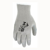 Introducing the MCR Safety Memphis 9688 Flex Tuff II Glove: A gray work glove showcasing the "NXG" logo and text on the back. This glove offers an exceptional grip thanks to its textured design and includes a snug, elastic wrist cuff for improved safety and comfort. Available in packs of 12 pairs.