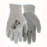 A pair of gray MCR Safety Memphis 9688 Flex Tuff II gloves, known for their superior grip, are designed with the "NXG" logo and letters printed on the back alongside safety ratings and standards. The seamless construction and ribbed wrist cuff ensure comfort.