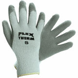 A set of MCR Safety Memphis Flex-Therm Gloves 9690, consisting of 12 pairs, featuring gray cold weather gloves with "Flex Therm S" on the back. Specifically designed for winter workwear, these safety gloves include a textured, slightly darker coating on the fingertips and palms to improve grip.