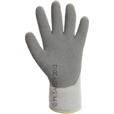 A grey and white textured safety glove is shown with the palm facing forward, featuring "PK SAFETY 2012" printed vertically along the wrist. The MCR Safety Memphis Flex-Therm Glove 9690 (12 pairs) is perfect for cold weather workwear.