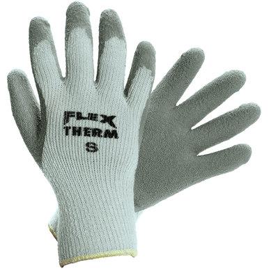 A pair of gray winter work gloves from MCR Safety, labeled "Memphis Flex-Therm 9690," featured with a textured surface on the palms and fingertips for enhanced grip and insulation. The image displays both the front and back of these cold weather essentials against a white background.