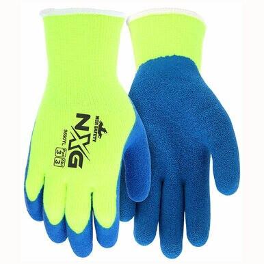 The MCR Safety NXG Insulated Hi-Vis Work Gloves 9690Y (12 pairs) feature bright yellow cuffs and blue palms and fingers. They offer high dexterity, boast the "NXG" logo on the back, and provide thermal protection for any task.