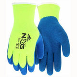 The MCR Safety NXG Insulated Hi-Vis Work Gloves 9690Y (12 pairs) feature eye-catching neon yellow cuffs and backs combined with blue textured palms for enhanced dexterity. The left glove is prominently marked with the "NXG" text in black.