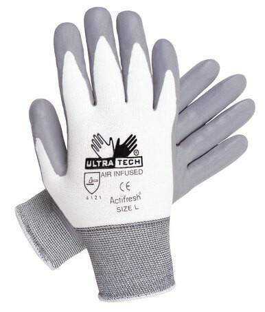 The "MCR Memphis UltraTech Nitrile Air Infused Glove 9694" by MCR Safety showcases a white and gray design with the "Ultra Tech Air Infused" label. These safety gloves feature a gray nitrile coating for enhanced grip and include a mesh wrist cuff. They are available in size L.