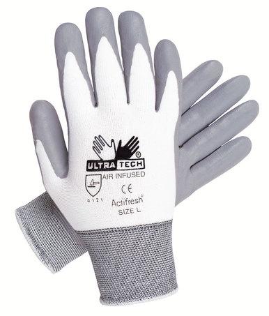 The MCR Safety Memphis UltraTech Nitrile Air Infused Glove 9694 (12 pairs) features a pair of white and grey safety gloves with "Ultra Tech" and "Air Infused" markings on the back, highlighted by their comfortable nitrile coating. These Size L gloves are identified by safety marks such as "4121," and their knitted cuffs provide a secure fit.