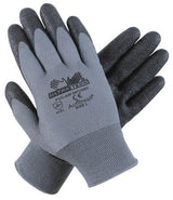 These gray MCR Safety Memphis UltraTech PVC Air Infused 9699 gloves, made with Actifresh technology, have black textured fingertips and palms for secure grip. The printed text on the back highlights the brand and safety information, and ribbed cuffs provide a snug fit.