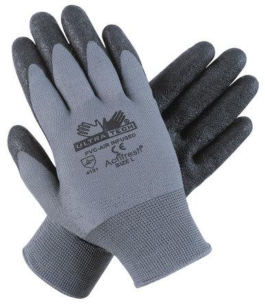 MCR Safety's MCR Memphis UltraTech PVC Air Infused gloves in gray and black feature rubberized palms and fingertips, with text and safety icons displayed on the back. The gloves are shown laid flat, one over the other, to highlight their front design and material texture.