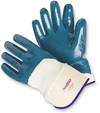 A pair of MCR Memphis Predator Nitrile Gloves 9760, showcasing the brand name "MCR Safety" on the wrist, features excellent abrasion resistance with a blue design complemented by a white fabric cuff.