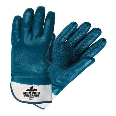 A pair of MCR Safety Memphis Predator Rough Fully Coated Nitrile Cuff Gloves, featuring a blue nitrile exterior with a white cuff and Actifresh treatment. The gloves are displayed with one showing the palm and the other turned down.