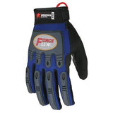 Introducing the MCR Safety Blue ForceFlex Multi-Task Gloves B100, crafted by MCR Safety. These gloves feature a striking blue and black design with reinforced TPR padding and "Force Flex" technology on the knuckles, along with "Memphis Gloves" branding on the wrist strap. Designed for superior metacarpal protection, they come equipped with a hook at the cuff for easy hanging.