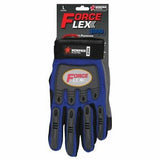 A pair of MCR Safety Blue ForceFlex Multi-Task Gloves B100 is displayed in its packaging. The gloves feature reinforced knuckles and TPR padding for enhanced protection, designed for multi-purpose use. The top label shows the brand "MCR Safety" and size "L.