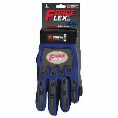 A pair of MCR Safety Blue ForceFlex Multi-Task Gloves B100 is displayed in its packaging. The gloves feature reinforced knuckles and TPR padding for enhanced protection, designed for multi-purpose use. The top label shows the brand "MCR Safety" and size "L.