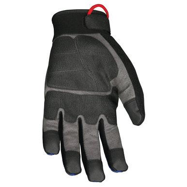 Introducing the MCR Safety Blue ForceFlex Multi-Task Gloves B100. These innovative black and gray gloves are designed with padded fabric, a textured grip, and distinctive blue-tipped fingers. They offer enhanced safety through metacarpal protection and include a convenient red loop on the cuff for easy hanging.