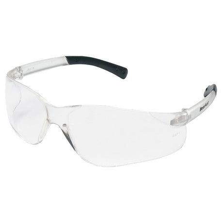 The MCR Safety BearKat Safety Scratch Resistant Glasses BK11, featuring transparent lenses and black nose pads, are designed for eye protection and meet ANSI Z87+ compliance. These glasses, which come 12 per box, are equipped with a Duramass scratch-resistant coating to ensure durability and maximum safety.