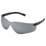 A pair of sleek, wraparound MCR BearKat safety glasses with dark gray lenses and black arms, featuring a Duramass scratch-resistant coating. The brand name "MCR Safety" is visible on the arm.