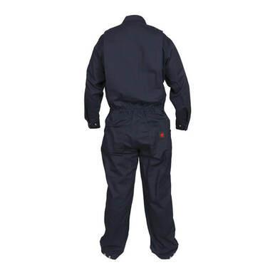 A back view of the MCR Safety FR Contractor Coverall Navy CCMN reveals its long sleeves, buttoned cuffs, and high collar. The coverall's elasticized waist ensures a snug fit, while a small red logo is displayed near the pocket area. It is NFPA certified for electrical safety.