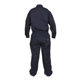 A back view of the MCR Safety FR Contractor Coverall Navy CCMN reveals its long sleeves, buttoned cuffs, and high collar. The coverall's elasticized waist ensures a snug fit, while a small red logo is displayed near the pocket area. It is NFPA certified for electrical safety.