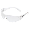 The MCR Safety Checklite Anti-Fog Safety Glasses CL11 (12/box) feature wraparound, anti-fog lenses and white frames designed for eye protection. "CHECKLITE" is printed on the temple, and they are equipped with a scratch-resistant coating to ensure durability.