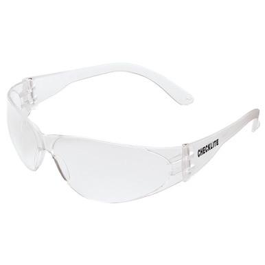 The MCR Safety Checklite Anti-Fog Safety Glasses CL11 (12/box) feature wraparound, anti-fog lenses and white frames designed for eye protection. "CHECKLITE" is printed on the temple, and they are equipped with a scratch-resistant coating to ensure durability.