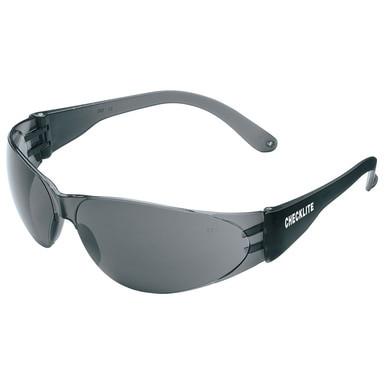 The MCR Checklite Anti-Fog Safety Glasses CL11, designed with a sleek gray frame and dark anti-fog lenses, feature the word "CHECKLITE" in white text on the right temple and include a scratch-resistant coating for enhanced durability.