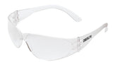 MCR Safety Checklite Scratch Resistant Safety Glasses, model CL11_ (12/box), feature transparent, scratch-resistant lenses and arms. "CHECkLITE" is printed on the side, providing stylish yet reliable UV protection.