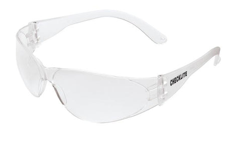 MCR Safety Checklite Scratch Resistant Safety Glasses, model CL11_ (12/box), feature transparent, scratch-resistant lenses and arms. "CHECkLITE" is printed on the side, providing stylish yet reliable UV protection.