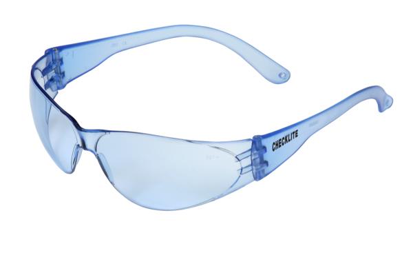 A pair of MCR Safety Checklite Scratch Resistant Safety Glasses CL11, featuring translucent blue lenses with "Checklite" printed on the temple. These glasses provide UV protection and come with wraparound lenses and solid, curved arms for a secure fit.