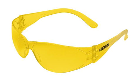 Yellow safety glasses with a wrap-around design featuring scratch-resistant lenses and UV protection, proudly displaying the brand name "MCR Safety" on the temples, known as MCR Checklite Scratch Resistant Safety Glasses CL11.