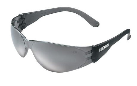 A pair of sleek MCR Checklite Scratch Resistant Safety Glasses features gray wraparound frames with tinted, scratch-resistant lenses and black arms. The brand name "CHECKLITE" is emblazoned in white on the right arm, offering essential UV protection along with a minimalist design.