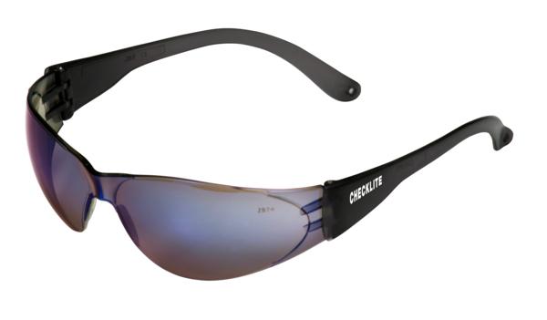 A pair of sleek, black wraparound safety glasses from MCR Safety features tinted, scratch-resistant lenses offering exceptional UV protection, with the "MCR Checklite" branding visible on the side.