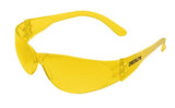 The MCR Safety Checklite Scratch Resistant Safety Glasses CL11 feature yellow wraparound lenses that provide UV protection, along with flexible arms. The word "CREWS" is printed on one of the arms, ensuring top-notch eye safety.