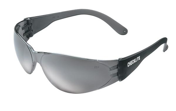 Introducing the MCR Checklite Scratch Resistant Safety Glasses CL11_: A stylish pair of gray wraparound sunglasses featuring scratch-resistant lenses. The slightly curved arms proudly display the brand "CHECKLITE," ensuring reliable UV protection for your eyes.