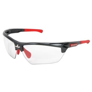 The MCR Safety Dominator DM3 Gun Metal Frame Glasses DM131 come with a stylish black and red frame, clear lenses, adjustable nose pads, and rubberized red arm tips for enhanced grip and comfort. The discreet logo on the side enhances the scratch-resistant coating, providing durability for every use.