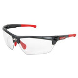 The MCR Safety Dominator DM3 Gun Metal Frame Glasses DM131 come with a stylish black and red frame, clear lenses, adjustable nose pads, and rubberized red arm tips for enhanced grip and comfort. The discreet logo on the side enhances the scratch-resistant coating, providing durability for every use.